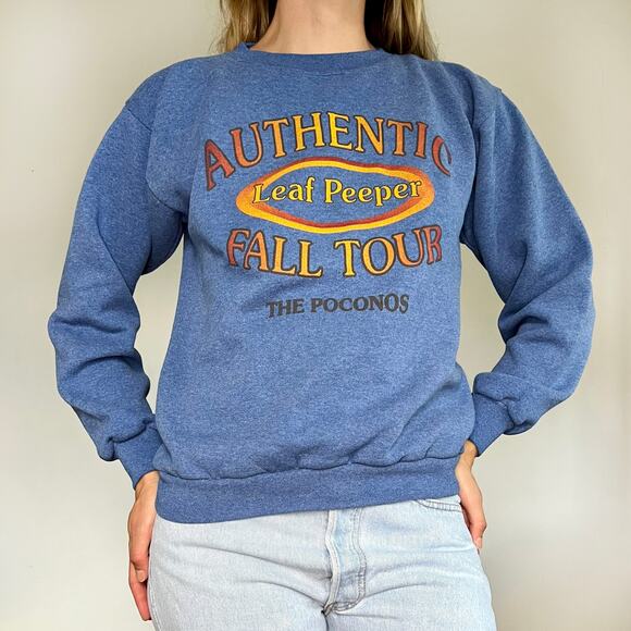 Vintage 90s Poconos Fall Tour Leaf Peeper Heather Blue Crewneck Sweatshirt - Picture 7 of 8